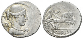 T. Carisius. Denarius circa 46, AR 20.00 mm., 3.95 g.
Bust of Victory r. Rev. Victory in prancing biga r., holding reins and wreath; in exergue, T·CA...