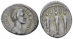 P. Accoleius Lariscolus. Denarius circa 41, AR 20.00 mm., 3.92 g.
P.ACCOLEIVS – LARISCOLVS Draped bust of Diana Nemorensis r., with lock of hair fall...