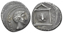Marcus Antonius. Denarius castrensis moneta in Italy (?) 42, AR 16.00 mm., 3.63 g.
M·ANTONI – IMP Head of Marcus Antonius r. with light beard. Rev. I...