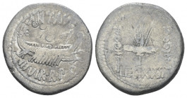 Denarius mint moving with M. Antony 32-31, AR 17.50 mm., 3.06 g.
ANT AVG – III·VIR·R·P·C Galley r., with sceptre tied with fillet on prow. Rev. LEG –...