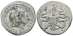 Marcus Antonius and Octavia. Cistophoric tetradrachm circa 39, AR 27.00 mm., 11.66 g.
M·ANTONIVS·IMP ·COS· DESIG·ITER ET·TERT Jugate busts of Marcus ...