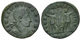 Delmatius caesar, 335-337 AE3 Siscia 335-336, Æ 16.00 mm., 1.50 g.
Laureate, draped and cuirassed bust r. Rev. Two soldiers standing facing, holding ...