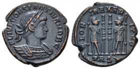 Constantius II Caesar, 324-337 Follis Treviri circa 332-333, &AElig; 17.00 mm., 2.65 g.
 Laureate and cuirassed bust r. Rev. Two soldiers standing fa...