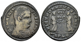 Magnentius, 350-353 AE2 Lugdunum 350, Æ 23.00 mm., 5.22 g.
Bare-headed, draped and cuirassed bust r.; in l. field, A. Rev. Two Victories supporting i...