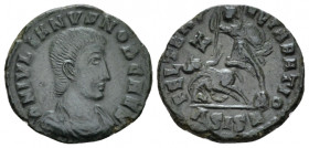 Julian II caesar, 355-360 AE3 Siscia circa 355-360, Æ 17.40 mm., 2.33 g.
Bare-headed, draped and cuirassed bust r. Rev. Soldier standing l., spearing...