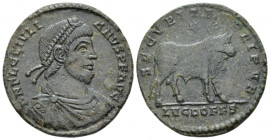 Julian II, 360-363 AE1 Lugdunum 360-363, Æ 26.60 mm., 8.40 g.
Diademed, draped and cuirassed bust r. Rev. Bull standing r., ; above, stars. In exergu...