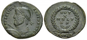 Julian II, 360-363 AE3 Constantinople 361-363, Æ 18.40 mm., 2.73 g.
Pearl-diademed, helmeted bust l., holding spear and shield. Rev. VOT X MVLT XX wi...