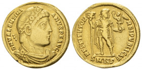 Valentinian I, 364-375 Solidus Nicomedia circa 364-367, AV 21.30 mm., 4.10 g.
Rosette-diademed, draped and cuirassed bust r. Rev. Emperor standing fa...