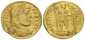 Valens, 364-378 Solidus Nicomedia circa 364-378, AV 21.10 mm., 4.31 g.
Draped, and cuirassed bust to r. with pearl diadem. Rev. Emperor standing faci...