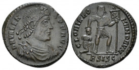 Valens, 364-378 AE3 Siscia circa 364-367, Æ 18.80 mm., 2.60 g.
Pearl-diademed, draped and cuirassed bust r. Rev. Emperor advancing r., dragging capti...