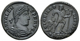 Valens, 364-378 AE3 Siscia circa 364-367, Æ 18.80 mm., 2.55 g.
Pearl-diademed, draped and cuirassed bust r. Rev. Emperor advancing r., holding labaru...