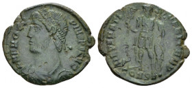 Procopius, 365-366 AE3 Constantinople 365-366, Æ 20.80 mm., 2.72 g.
Diademed, draped and cuirassed bust l. Rev. Procopius standing facing, head r., h...