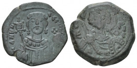 Manuel I Comnenus, 1143-1180 Tetarteron Thessalonica 1152-1160, Æ 19.50 mm., 4.06 g.
Facing bust of St. George, holding spear and shield. Rev: Crowne...