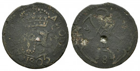 Charles IV (1788-1808). 1/8 real (Ochava). 1805. Caracas. (Cal-3). Ae. 1,79 g. Stohr variety: wreath IV, oval I, cross I, lion I, branch anv. IV, with...