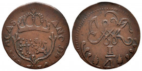 Ferdinand VII (1808-1833). 1/4 real. 1814. Caracas. (Cal-63). (Km-C2). Ae. 1,82 g. Stohr variety b): crown V, oval I, cross IV, lion II, branch obv. V...
