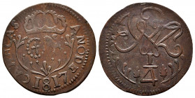 Ferdinand VII (1808-1833). 1/4 real. 1817. Caracas. (Cal-65). Ae. 3,75 g. Large date. Unlisted variety by Stohr: crown V, oval II, cross VII, lion III...