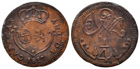 Ferdinand VII (1808-1833). 1/4 real. 1817. Caracas. (Cal-66). Ae. 3,12 g. Small date. Reverse remarked. Unlisted variety by Stohr: wreath XVII, oval I...