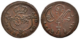 Ferdinand VII (1808-1833). 1/4 real. 1817. Caracas. (Cal-66). Ae. 2,72 g. Small date. Unlisted variety by Stohr: wreath XX, oval I, cross V, lion V, b...