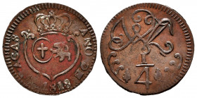 Ferdinand VII (1808-1833). 1/4 real. 1818. Caracas. (Cal-68). Ae. 1,84 g. Unlisted variety by Stohr: crown XXIV, oval III, cross VII, lion VII, branch...