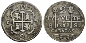 Ferdinand VII (1808-1833). 2 reales. 1818. Caracas. BS. (Cal-729). Ag. 4,82 g. Lions and castles. Unlisted variety by Stohr: castle I, lion II, orname...