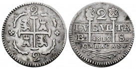 Ferdinand VII (1808-1833). 2 reales. 1818. Caracas. BS. (Cal-740). (Km-36). Ag. 4,78 g. Minted in 1830 to evade the coinage law of La Gran Colombia. N...