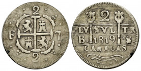 Ferdinand VII (1808-1833). 2 reales. 1819. Caracas. BS. (Cal-732). Ag. 4,69 g. Lions and castles. Unlisted variety by Stohr: castle I, lion IV, orname...