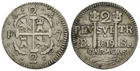 Ferdinand VII (1808-1833). 2 reales. 1819. Caracas. BS. (Cal-732 var). Ag. 4,79 g. Lions and castles. Unlisted variety by Stohr: castle I, lion II, or...