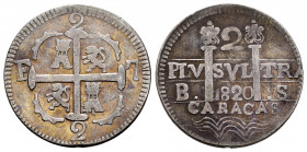 Ferdinand VII (1808-1833). 2 reales. 1820. Caracas. BS. (Cal-738). Ag. 5,65 g. Castles and lions. Stohr variety c): castle II, lion III, ornament V, C...