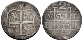 Ferdinand VII (1808-1833). 2 reales. 817. Caracas. LM. (Cal-757). (Km-C13.2). Ag. 4,76 g. Minted in 1817 by the royalists, they placed 3 digits in the...