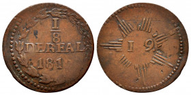 Venezuela. 1/8 real (Ochava). 1812. Caracas. (Km-C21). Ae. 2,66 g. A very rare type with a mintage of only 7.000 pieces. A nice grade with clear detai...
