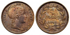 Venezuela. 1/4 centavo. 1843. (Km-Y1). Ae. 3,08 g. WW below the bust. Almost XF. Est...70,00. 

Spanish Description: Venezuela. 1/4 centavo. 1843. (...