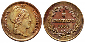 Venezuela. 1/4 centavo. 1852. (Km-Y4). Ae. 2,64 g. 18,50 mm. Almost XF/XF. Est...75,00. 

Spanish Description: Venezuela. 1/4 centavo. 1852. (Km-Y4)...