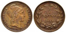 Venezuela. 1/2 centavo. 1843. (Km-Y2). Ae. 6,23 g. WW below the bust. Almost XF. Est...35,00. 

Spanish Description: Venezuela. 1/2 centavo. 1843. (...