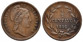 Venezuela. 1/2 centavo. 1852. (Km-Y5.1). Ag. 5,33 g. Almost VF. Est...35,00. 

Spanish Description: Venezuela. 1/2 centavo. 1852. (Km-Y5.1). Ag. 5,3...