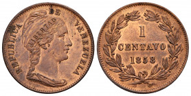 Venezuela. 1 cent. 1858. (Km-Y7). Ae. 7,53 g. LIBERTAD incuse. Almost XF. Est...70,00. 

Spanish Description: Venezuela. 1 cent. 1858. (Km-Y7). Ae. ...