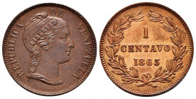 Venezuela. 1 centavo. 1863. (Km-Y7). Ae. 7,41 g. Cleaned reverse. XF. Est...60,00. 

Spanish Description: Venezuela. 1 centavo. 1863. (Km-Y7). Ae. 7...