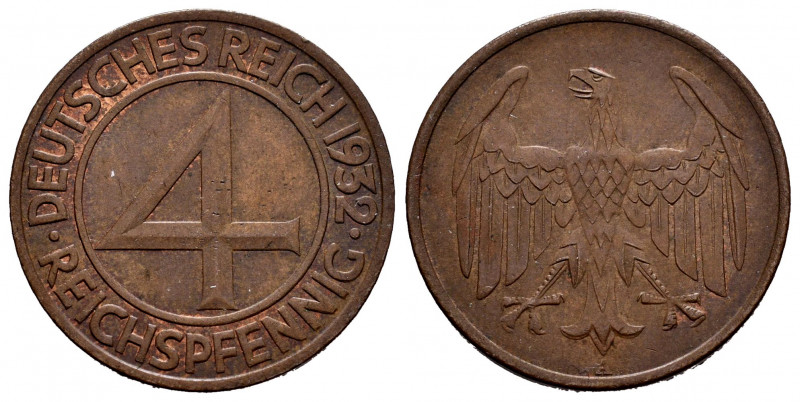 Germany. Weimar Republic. 4 pfennig. 1932. A. (Km-75). Ae. 4,90 g. XF. Est...20,...