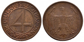 Germany. Weimar Republic. 4 pfennig. 1932. A. (Km-75). Ae. 4,90 g. XF. Est...20,00. 

Spanish Description: Alemania. República de Weimar. 4 pfennig....