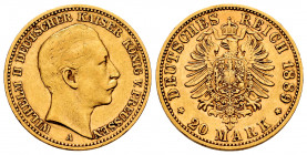Germany. Prussia. Wilhelm II. 20 mark. 1889. Berlin. A. (Km-2830). (Fried-516). Au. 7,93 g. Choice VF. Est...320,00. 

Spanish Description: Alemania...