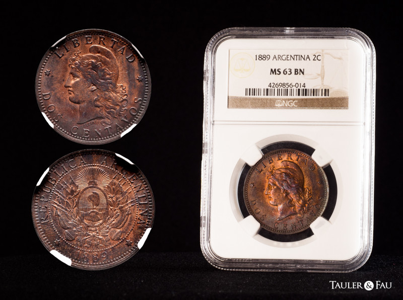 Argentina. 2 centavos. 1889. (Km-33). Ae. Slabbed by NGC as MS 63 BN. This coin ...