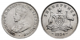 Australia. George V. 3 pence. 1924. (Km-24). Ag. 1,41 g. Choice VF/Almost XF. Est...35,00. 

Spanish Description: Australia. George V. 3 pence. 1924...