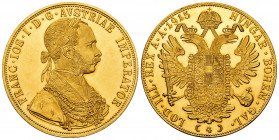 Austria. Franz Joseph I. 4 ducats. 1915. (Km-2276). (Fried-488). Au. 13,96 g. Official re-struck. Minimal hairlines on obverse. PR. Est...600,00. 

...