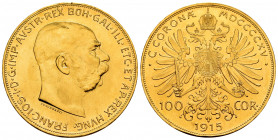 Austria. Franz Joseph I. 100 corona. 1915. (Km-2819). (Fried-507R). Au. 33,87 g. Official re-struck. Almost MS/Mint state. Est...1400,00. 

Spanish ...