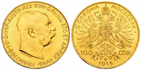 Austria. Franz Joseph I. 100 corona. 1915. (Km-2819). (Fried-507R). Au. 33,90 g. Re-struck. Original luster. Mint state. Est...1500,00. 

Spanish De...
