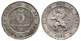 Belgium. Leopold I. 5 centimes. 1864. (Km-21). Cu-Ni. 2,96 g. Choice VF. Est...50,00. 

Spanish Description: Bélgica. Leopoldo I. 5 centimes. 1864. ...