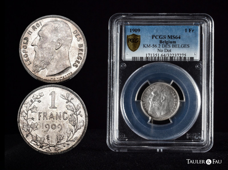 Belgium. Leopold II. 1 franc. 1909. (Km-56.1). Ag. Slabbed by PCGS as MS64. Frec...
