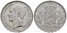 Belgium. Leopold I. 5 francs. 1849. (Km-1849). Ag. 24,99 g. Minor nicks on edge. Choice VF/Almost XF. Est...40,00. 

Spanish Description: Bélgica. L...