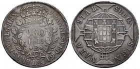Brazil. 960 reis. 1819. Rio de Janeiro. R. (Km-326.1). (Gomes-25.06). Ag. 27,95 g. Struck over 8 reales. Choice VF. Est...65,00. 

Spanish Descripti...