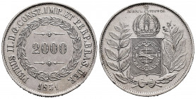 Brazil. D. Pedro II. 2000 reis. 1852. (Km-462). Ag. 25,40 g. XF. Est...50,00. 

Spanish Description: Brasil. D. Pedro II. 2000 reis. 1852. (Km-462)....