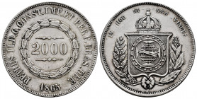 Brazil. D. Pedro II. 2000 reis. 1865. (Km-466). Ag. 25,41 g. Almost XF. Est...40,00. 

Spanish Description: Brasil. D. Pedro II. 2000 reis. 1865. (K...
